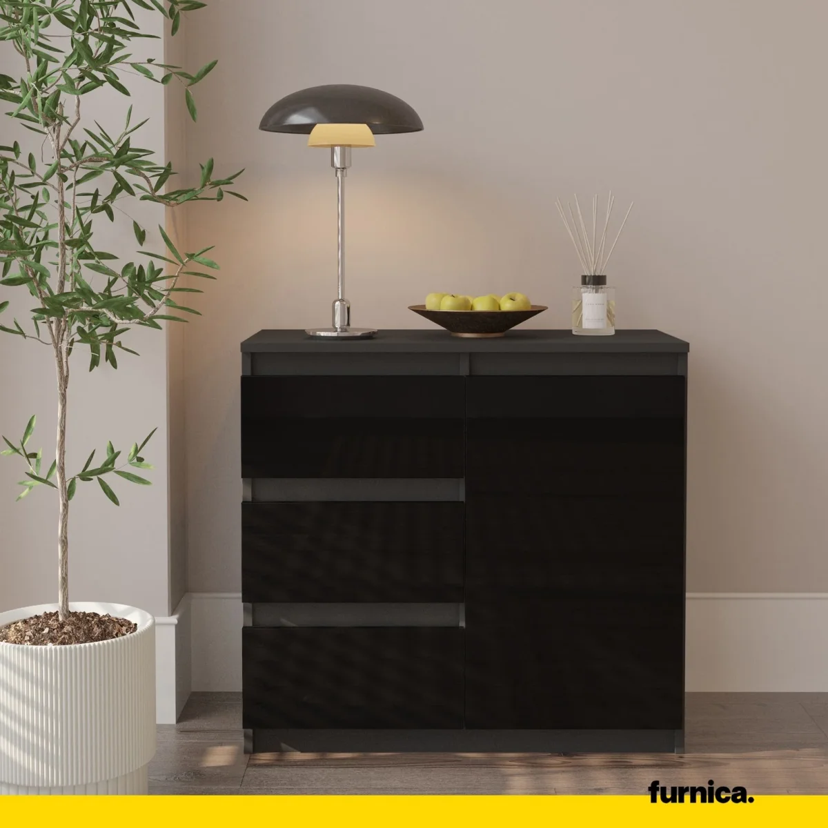MIKEL - Commode 3 Tiroirs et 1 Porte - Armoire de Rangement pour Couloir/Chambre à Coucher - Buffet - H75cm L80cm P35cm (Anthracite/Noir Brillant) – Image 4