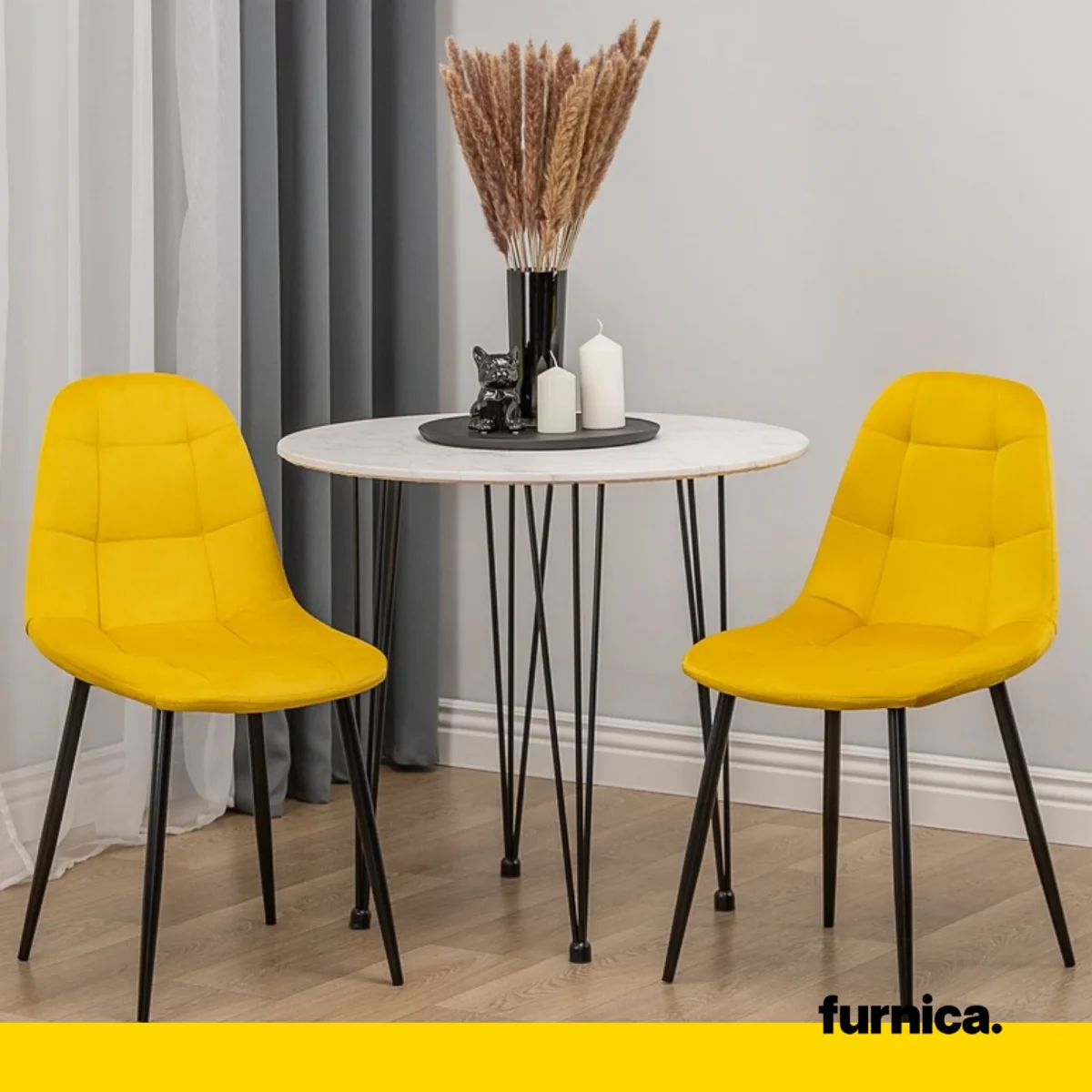 ROBERTO - Chaise de Salle à Manger / Bureau en Velours Matelassé avec Pieds en Métal Noir - Jaune – Image 7
