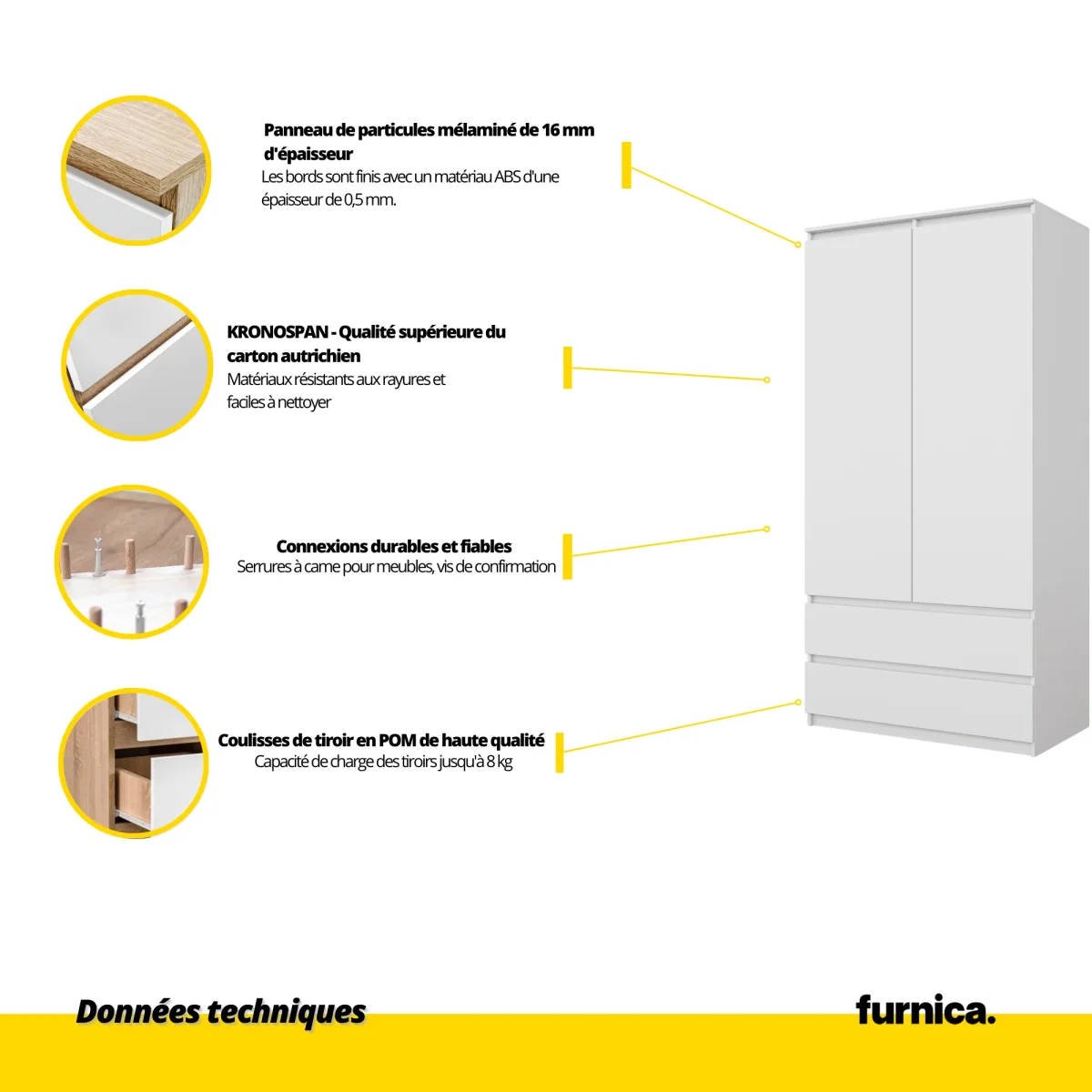 JOELLE - Armoire 2 Portes avec 2 Tiroirs - Blanc Matt H180cm L90cm P50cm – Image 6