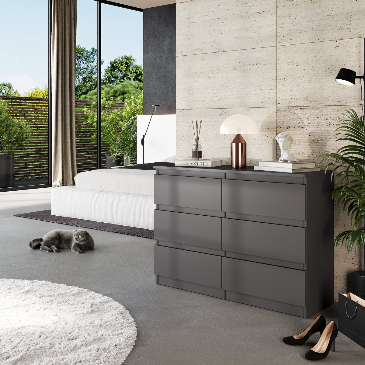 GABRIEL - Commode 6 Tiroirs - Buffet de Chevet - H71 cm L100 cm P33 cm (Anthracite) – Image 5