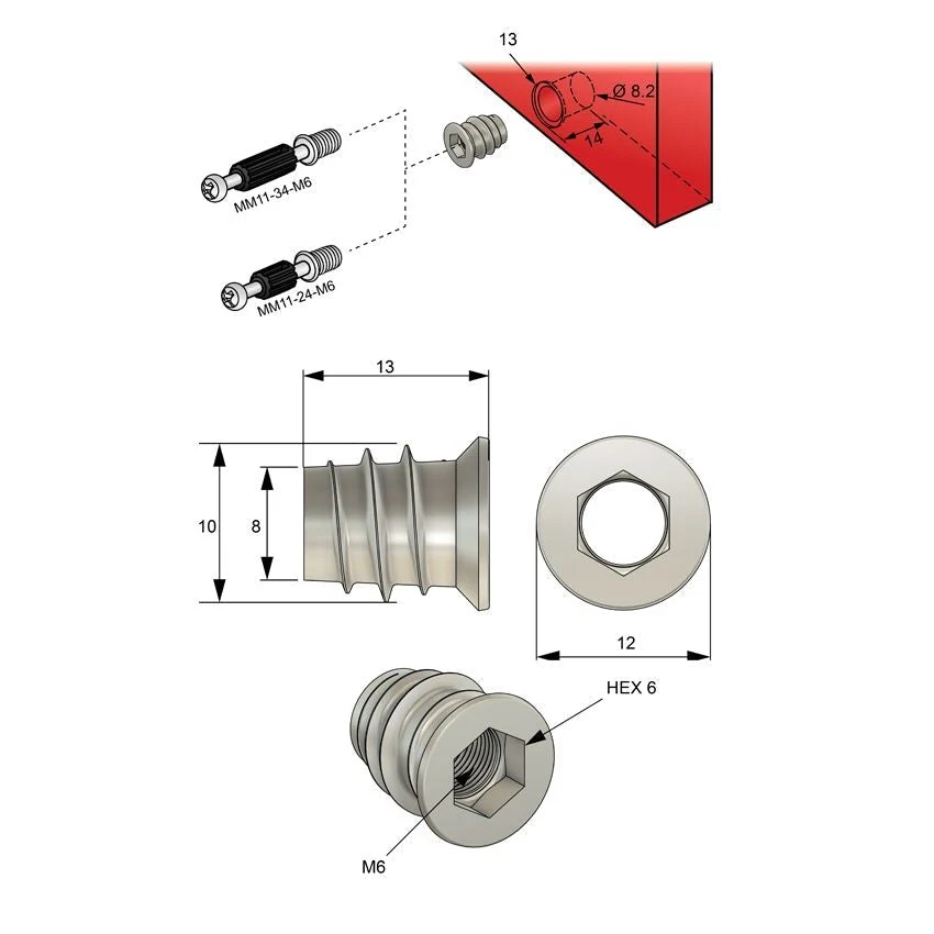 Insert fileté M6 10x13mm - 100 pièces – Image 3